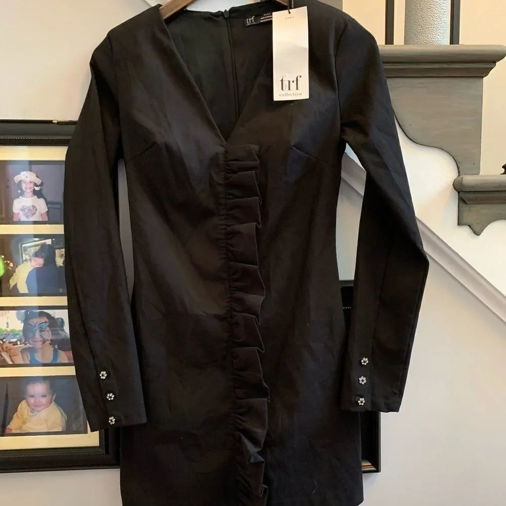 Zara TRF Black L/S Ruffle Front Fitted Dress M NWT